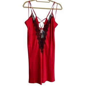 Ann Summers Red Satin Lace Up Chemise Lingerie Black Eyelash Lace Trim Large NWT